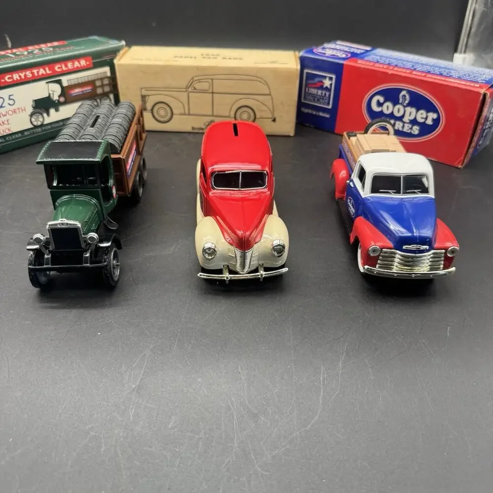 Lot Of 3 Vintage Die Cast Car Piggy Bank ERTL Indian Motorcycle Cooper Tires
